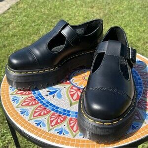 Dr Doc Martens Bethan T-Bar Womens 7 Mary Jane Black Leather Platform Shoe NEW